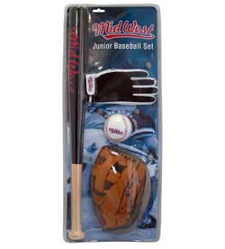 Midwest Set de baseball junior Noir/marron/Blanc Batte 61 cm/Gant 24 cm/Balle 23 cm